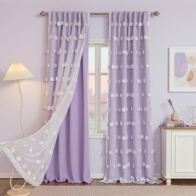 MYSKY HOME Purple Curtains for Girls Bedroom Nursery Curtain with White Pom Pom Sheer Window Drapes for Kids Room Back Tab Room Darkening Double Layer 54 Inches, Lilac, 52 x 54 Inch, 2 Panels