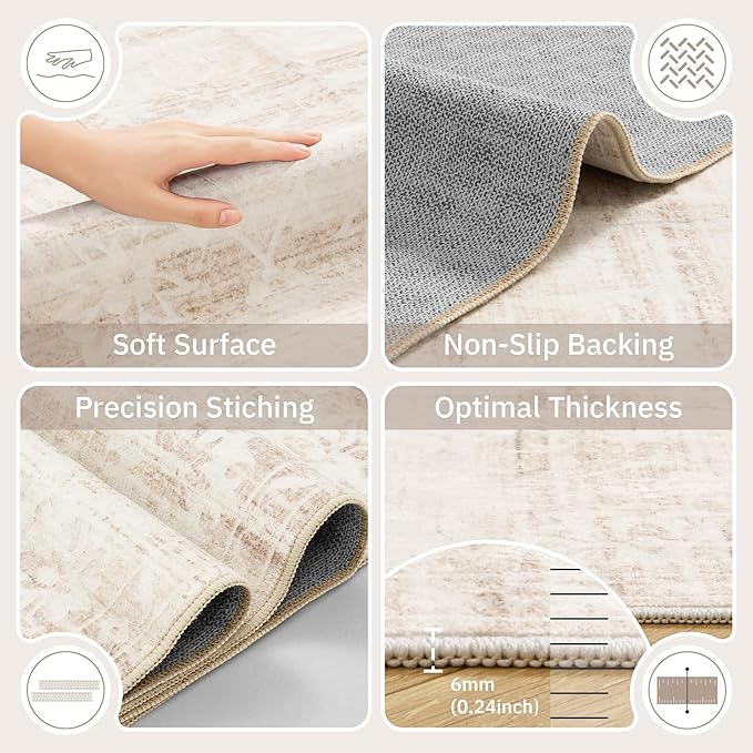Soalmost 5x7 Area Rugs for Living Room, Washable Neutral Rug Beige Ivory | Vintage Floral Soft Non-Slip Low Pile Thin Throw Large Carpet for Dining Room Bedroom Kitchen Home Office Nursery 5'x7'