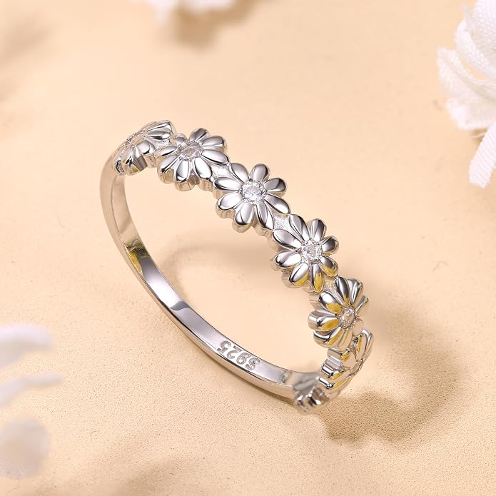 MILACOLATO 925 Sterling Silver Ring for Women, 18K Gold Plated Cubic Zirconia Daisy Flower Promise Rings for Her, Sunflower Stacking Statement Wedding Band Ring Size 5-11 (Anniversary/Valentine's/Mothers Day Jewelry Gifts)