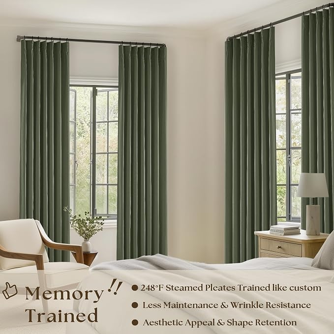 TWODRAPES Olive Green Pleated 100% Blackout Linen Curtains 84 Inch Length | Room Darkening with Liner, Memory Shape Pleat with Back Tab, Thermal Insulated, Dark Green, for Living Dining Room Bedroom