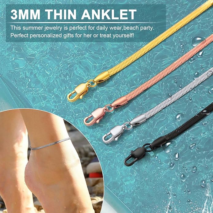GoldChic Adjustbale Link Chain Anklet for Women Summer Jewelry, 316L Stainless Steel Figaro/Wheat/Twist Rope/Cuban Foot Bracelet-Waterproof, Resizable 9"-12" (Gift Box Included)