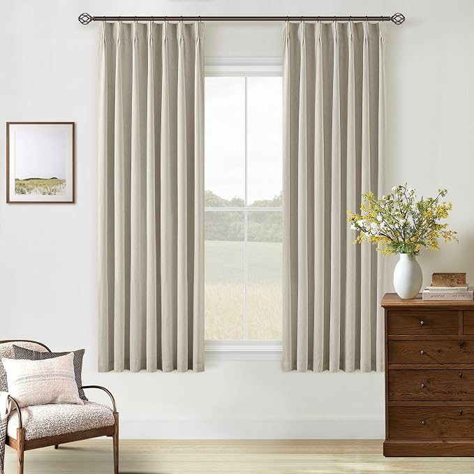 Oatmeal Beige 100% Blackout Pinch Pleated Linen 63 Inch Curtains with Liner | Memory Trained, Thermal Insulated, Heat Blocking, Black Out Curtains for Small Window Dining Room Bedroom 2 Panels W40xL63