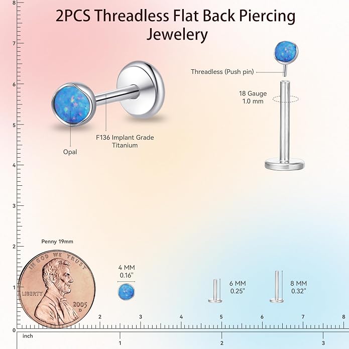 limerencia 18G Hypoallergenic Titanium Opal Threadless Nose Stud Earrings, 2PC Flat Back Push in Stud Earrings Labret Medusa Monroe Helix Cartilage Tragus Conch Piercing Jewelry for Women Men