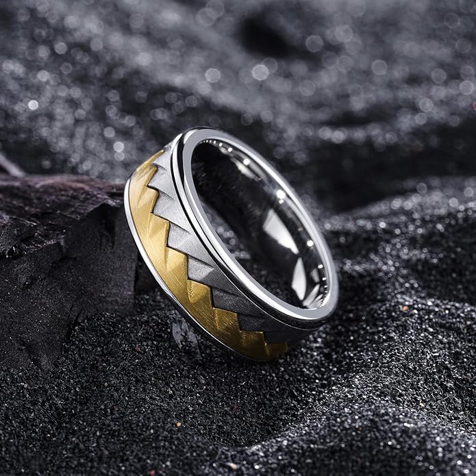 King Will 316L Stainless Steel Men's Wedding Band – 6/8 mm Dual-Tone Wedding Ring Polished Finish with Gold/Black Steel Plating, Fashionable and Durable Stainless Steel Men's Ring Size 7-14