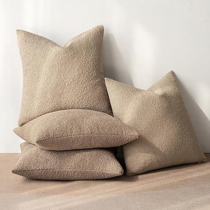 MIULEE Decorative Boucle Throw Pillow Covers 20x20 Inch Camel Set of 4 | Textured Accent Pillow Cases Soft Couch Cushion Covers for Modern Farmhouse Boho Sofa Bed Livingroom Home Decor