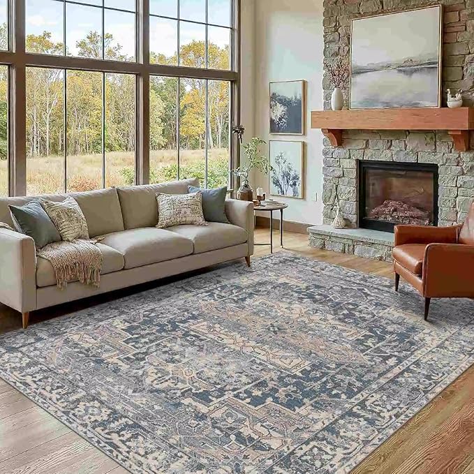 Rugxara Blue Area Rugs 5x7 Washable Rug for Living Room Bedroom | Non Slip, Rug for Dining Room Office Farmhouse Dorm, Stain Resistant, Soft, Vintage Boho Retro Carpet, Low Pile, Home Decor