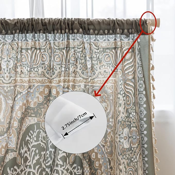 Sage Green Medallion Curtains 54 Inches Long, Boho Farmhouse Light Filtering Rod Pocket Drapes with Tassel Trim for Bedroom Living Room, 2 Panels