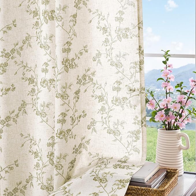 jinchan Green Floral Linen Curtains 84 Inch Flower Drapes Back Tab 2 Panels | Green on beige, light filtering, semi sheer, farmhouse, rustic, country, bedroom, living room, kitchen, window treatment