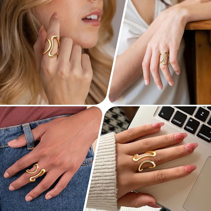 Gelbesty Waterproof Gold Statement Rings for Women, 14K Gold Plated Chunky Open Stackable Rings Non Tarnish Fashion Adjustable Stainless Steel Pinky Knuckle Signet Vintage Ring Jewelry Size 5-11