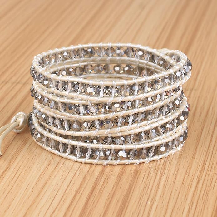 KELITCH New Gray Crystal Beaded 5 Wrap Bracelet On Leather Friendship Bracelets Jewelry for Womens