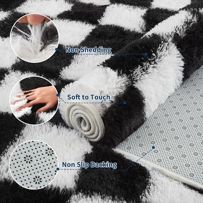 Garvee Checkered Area Rug 9x12 Large Rug Thick Super Soft Shaggy Rugs Fluffy Carpet Fluffy Fuzzy Shag Washable Rugs for Living Room Nursery Bedroom Luxury Playroom Teen Plush Carpets,Black and White