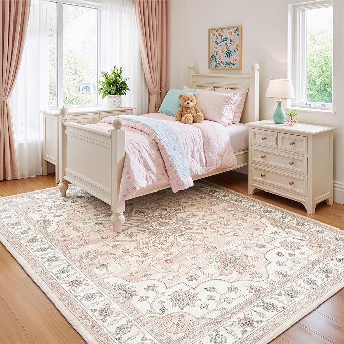 Washable Rugs for Living Room Bedroom, 5x7 Area Rugs for Kitchen Office Nursery, Non Slip Low Pile Rug Indoor, Vintage Boho Print Floral Carpet, Pink