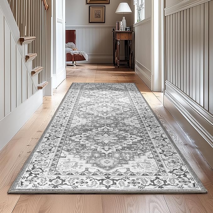 Lessymo 2 x 6 Runner Rug for Hallway, Machine Washable Entryway Rugs Boho Faux Wool Low Pile Long Rug for Bedroom, Floral Medallion Vintage Rugs with Non-Slip Rubber,Grey Beige