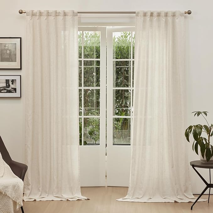 MYSKY HOME Country Curtains for Sliding Glass Door, Back Tab Semi Sheer Curtain Panels Extra Long Floor Length Drapes Linen Texture Soft Touch, 50x108 Inch, Linen, Set of 2