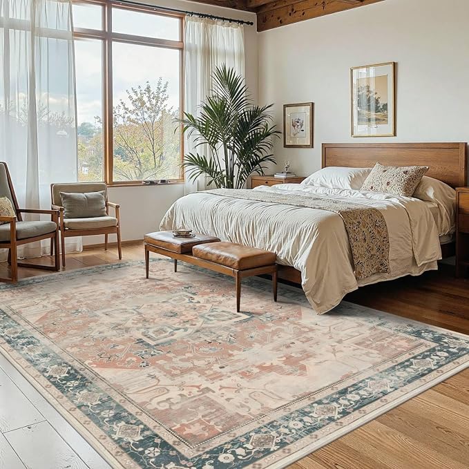Rugxara 4X6 Rug,Washable Area Rugs for Living Room, Orange Boho Rug,Neutral Vintage for Bedroom, Dining Room, Kids Room, Farmhouse, Low Pile Non Slip Carpet for High Traffic Areas, Coral(Orange&Blue)
