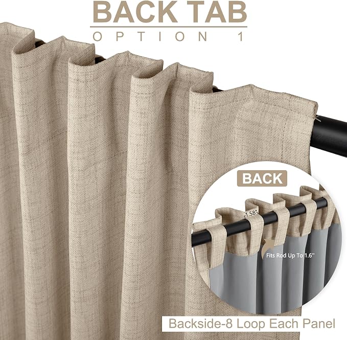 100% Blackout Shield Linen Blackout Curtains for Bedroom 72 Inches Long, Back Tab/Rod Pocket Living Room Drapes, Thermal Insulated Blackout Curtains 2 Panels Set, 50" W x 72" L, Oatmeal