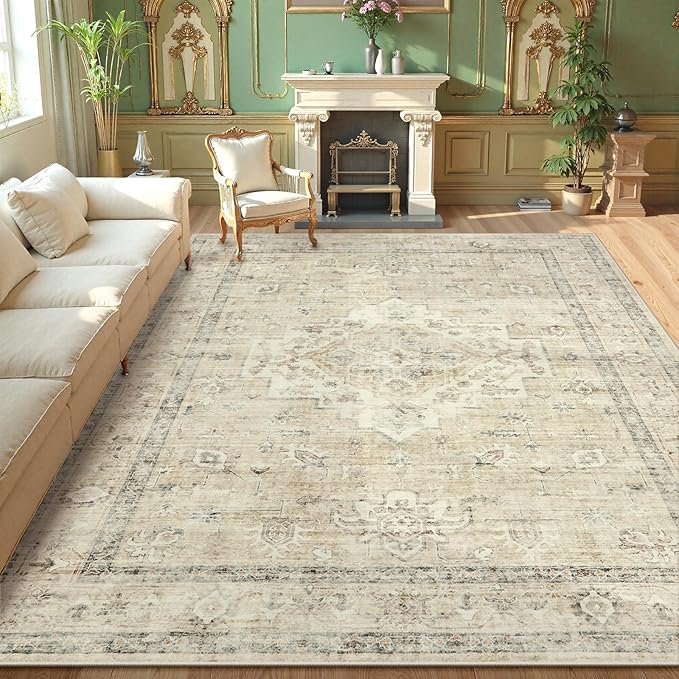 LIVEBOX Washable Area Rug 9x12 Rugs for Living Room Bedroom, Non-Slip Boho Neutral Carpet for Dining Room Office, Low-Pile Farmhouse Soft Carpets for Kids Nursery Room Playroom, Tan