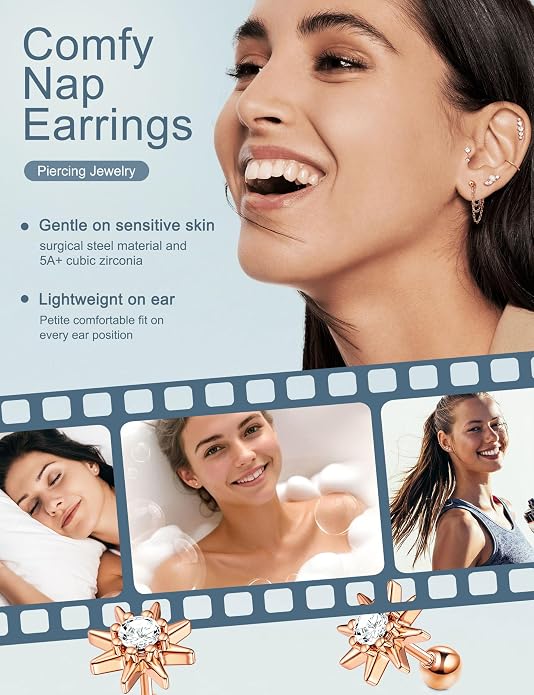 ORAZIO 16 Gauge Cartilage Earrings for Women-Hypoallergenic Surgical Stainless Steel Tragus Earring Set Threadless Flat Back Earrings Push in Nose Studs Daith Conch Tragus Helix Piercing Jewelry