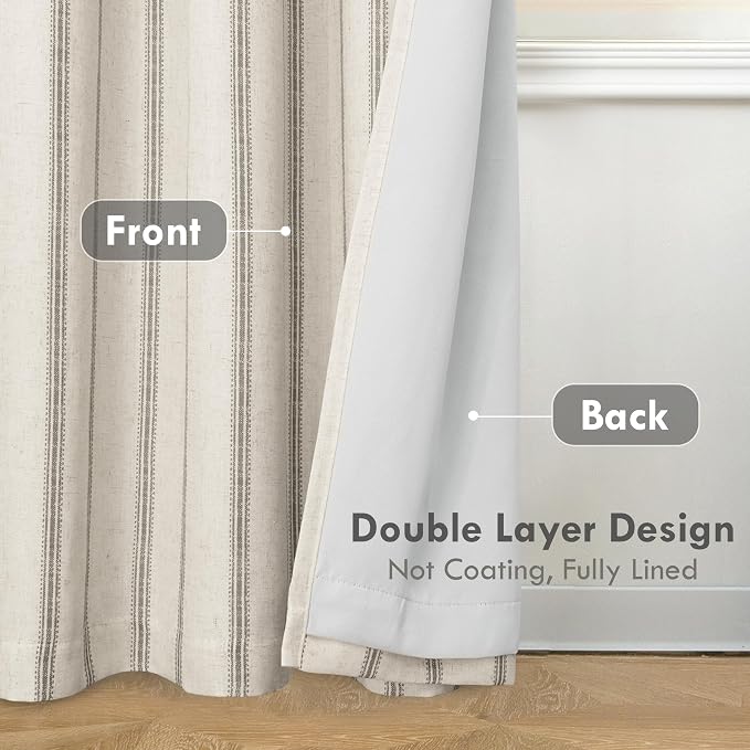 DriftAway Farmhouse Linen Stripe Blackout Curtains, W52xL63, Gray | Blackout, Linen Texture, Stripe Pattern, Rod Pocket & Back Tab, Two Layers, Bedroom Living Room Use, Sound Reducing Design