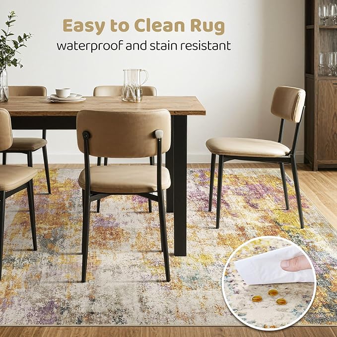 5x8 Area Rug Living Room: Machine Washable Large Abstract Modern Soft Rug Stain Resistant Indoor Floor Non-Slip Accent Carpet for Bedroom Nursery Playroom Office Dining Room Dorm- Gold Colorful