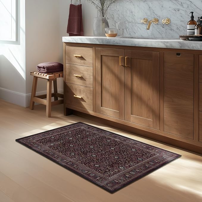Fig 2x3 Kitchen Rugs Non Slip Washable, Luxurious Boho Vintage Floral Trellis Ultra Thin Door Mat Indoor Entrance, Earth-Toned Dark Academia Small Throw Rugs for Entryway Bathroom