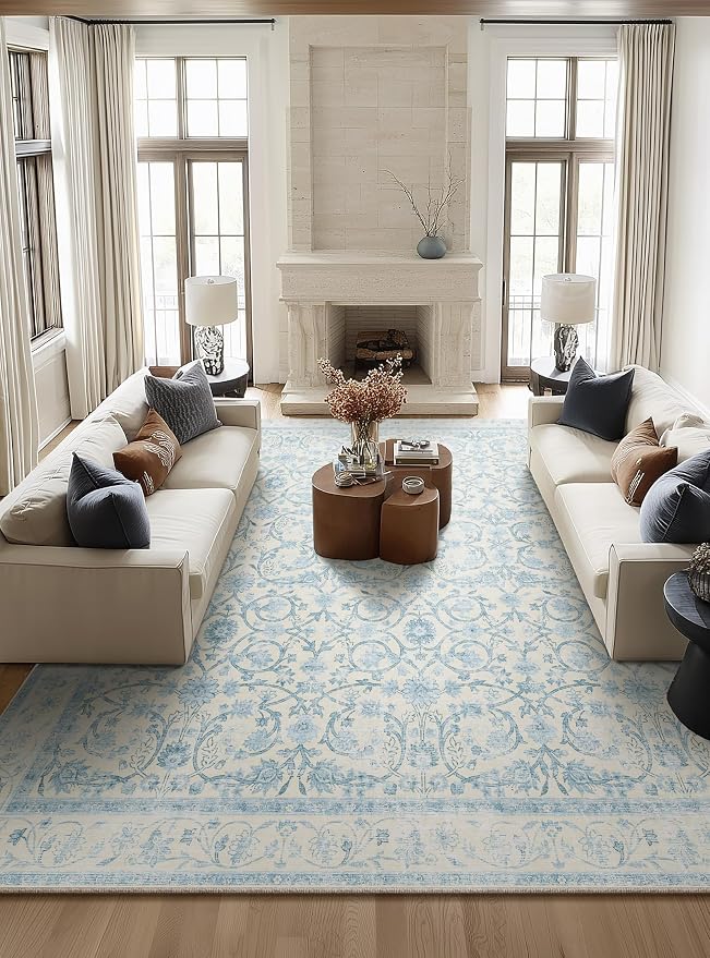 Washable Rugs for Living Room: 10x14 Area Rugs for Bedroom Ultra Soft Non-Slip Low Pile Vintage Boho Large Carpet for High-Traffic Dining Room - Farmhouse Decor