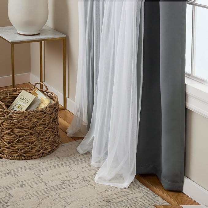 TOWN & COUNTRY LUXE Talia Double Layer Indoor Curtains, Sheer and Room Darkening Blackout, Grommet Top, Energy Efficient, 2-Pack Set, 52"x84", Black Pearl