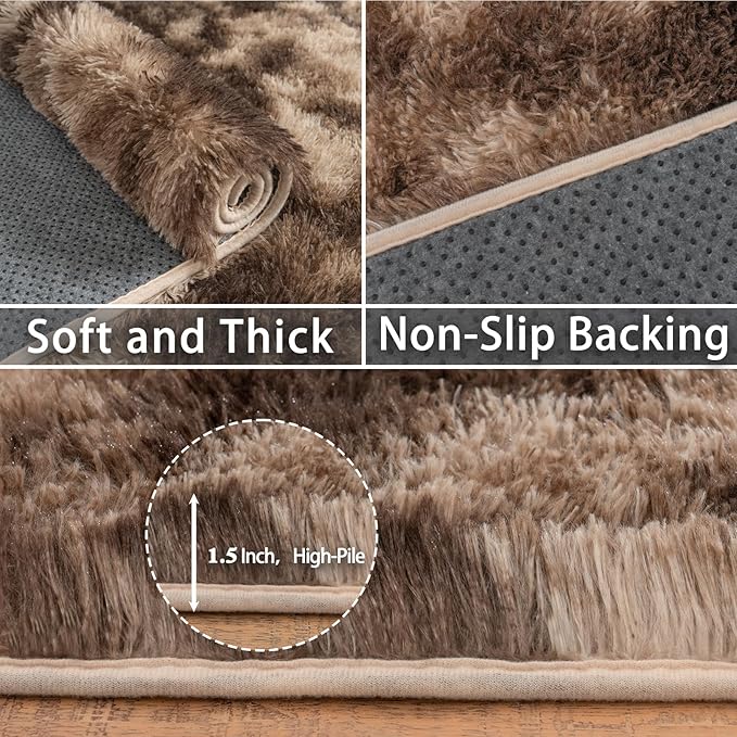 Dssimo Brown Rug for Bedroom Living Room, 4x6 Soft Shaggy Area Rugs | Plush Furry Non-Slip Brown and Cream Rug for Nursery Kids Room Dorm Room Home Decor, Indoor Plush Floor Carpet