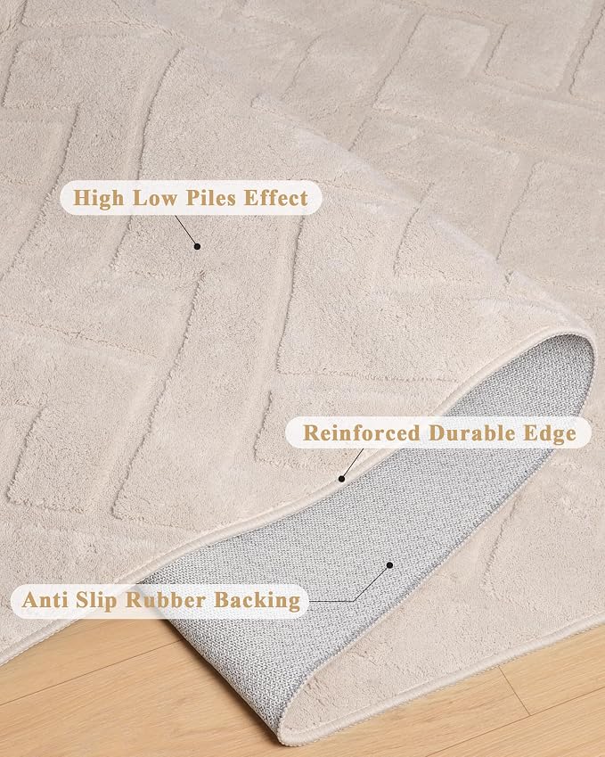 Beige Area Rugs for Living Room, 6' x 9' | High-Low Arch Washable Non Slip Indoor Floor Mat Modern Soft Rugs for Bedroom Boho Solid Color Carpet for Dining Room Kitchen