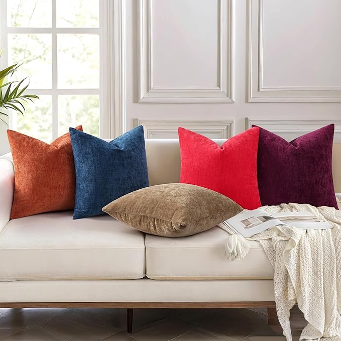 decorUhome Soft Chenille Brown Throw Pillow Covers 22X22 Set of 2 | Decorative Fall Couch Pillow Covers Solid Dyed Accent Modern Euro Sham Farmhouse Neutral Square Pillow Cases for Sofa