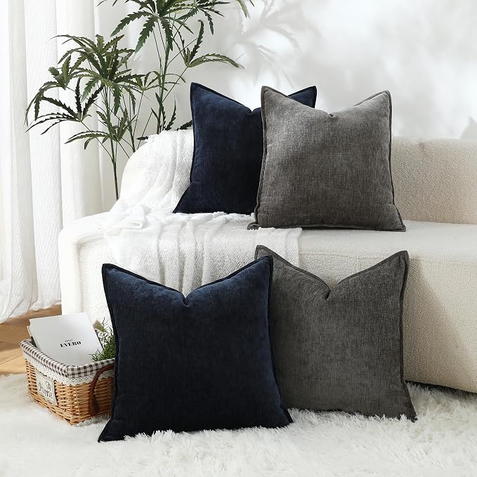 Stellhome Set of 4 Soft Textured Decorative Throw Pillow Covers Accent Solid Chenille Cushion Cover Rustic Farmhouse Pillow Case for Couch Sofa Bedroom Living Room (18x18 inch, Navy Blue/Dark Grey)