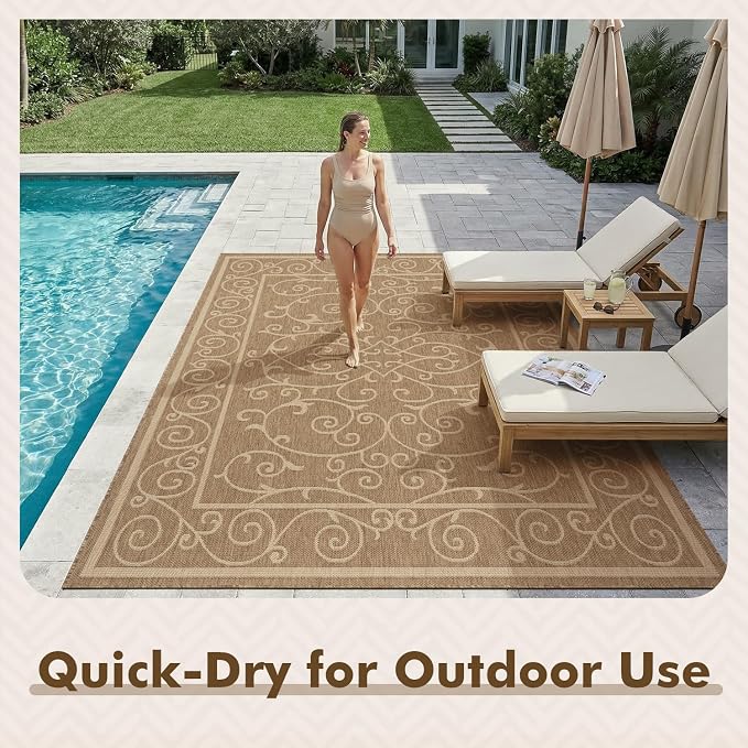 MontVoo-Outdoor Rug-Patio Rug 5x7 ft Polypropylene Indoor Outdoor Rugs Outdoor Carpet for Patio Deck Balcony Porch, Textured Weave, Durable for High Traffic, Fade-Resistant, Vintage Neutral Brown