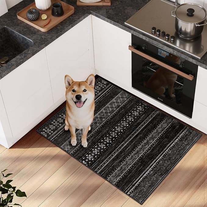 BESTSWEETIE 2x3 Area Rugs for Living Room Washable Moroccan Farmhouse Neutral Geometric Low Pile Non-Slip Soft Print Pattern Rug for Bedroom Kitchen Dining Room Entryway Black/White