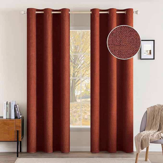 MIULEE Linen Curtains Soild 100% Blackout Thermal Insulated Burnt Orange Fall Curtains Grommet Room Darkening Curtains & Drapes for Living Room Bedroom 42 x 90,Rust Terracotta (2 Panels)