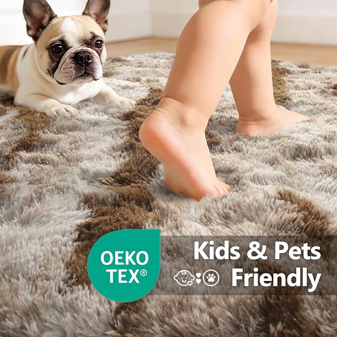 Large Shaggy 6x9 Area Rugs for Living Room Decor, Non-Slip Tie-Dyed Rugs for Bedroom Kids Playroom Dorm Room, High Pile Ultra Soft Carpet, Khaki