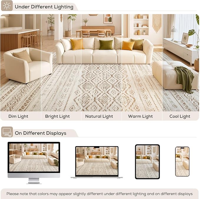 Nakagishi Area Rug Living Room Rugs: 9x12 Large Soft Machine Washable Boho Moroccan FarmNeutral Stain Resistant Indoor Floor Carpet for Bedroom Under Dining Table Home Office Decor-Brown