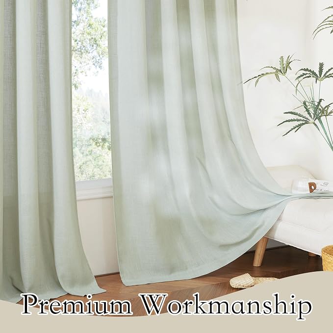 RYB HOME Linen Curtains 63 inch Length - Premium Flax Linen Material Soft Semi Sheer Half Privacy Protected for Livingroom, Bedroom, Farmhouse, W 52 x L 63 inch, 2 Panels, Sage Green