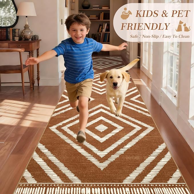 Boho Hallway Runner Rugs 2.6x14ft Non Slip, Long Brown Washable Entryway Rug Runners Non Shedding, Geometric Kitchen Floor Carpets for Doorway Entrance Farmhouse Living Room Home Decor