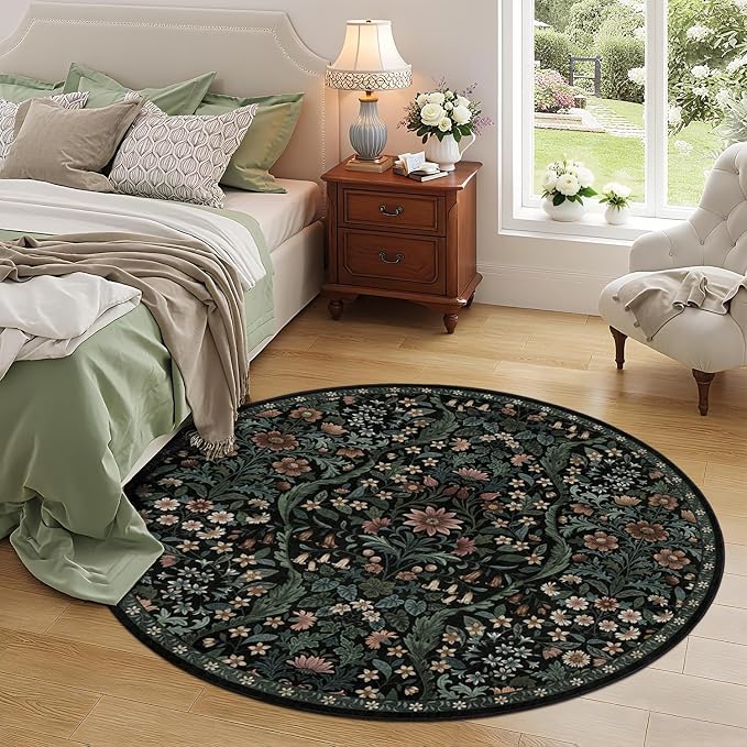 Round Rug 5ft Black Washable Floral Circle Rug,Vintage Boho Botanical Round Area Rugs, Non-Slip Soft Low-Pile Circular Carpet for Bedroom,Kids Room,College Dorm,Home Decor