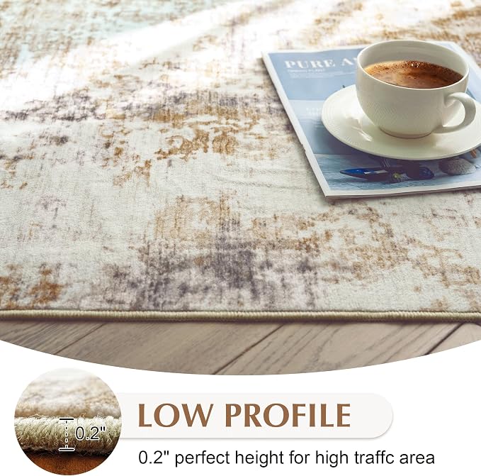 FMFUNCTEX 6x9 Washable Area Rug Brown Grey Neutral Abstract Modern Large Non Slip Carpet for Living Room Bedroom Soft Low Pile Indoor Mat Accent Throw Rug for Dining Kitchen Office Nursery, Grey Gold