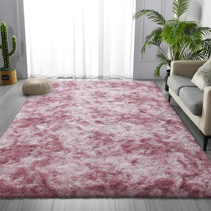 Deerhoo Shag Area Rug, 4 X 6 Tie-Dyed Plush Fuzzy Rugs for Living Room, Ultra Soft Fluffy Furry Rug for Bedroom, Indoor Carpet Nursery Rugs for Kids Room Home Decor, Pink Purple