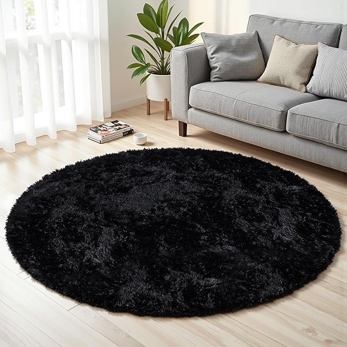 Black Round Fluffy Rug 5ft Plush Fuzzy Shaggy Carpet,Soft Rugs for Living Room for Nursery,Preppy Dorm,Classroom,Playroom,Teen,Baby Home Decor (Black 5"x5")