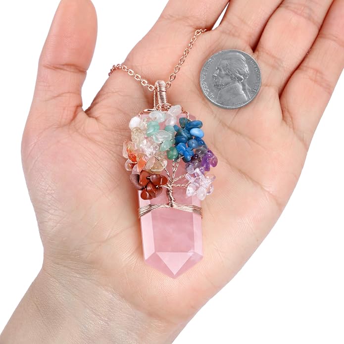 Natural 7 Chakra Stone Life Tree Pendant Necklace Reiki Healing Crystal Tumbled Stones Necklace Women Jewelry for Good Luck, Meditation, Protection, Energy Balancing, Gift