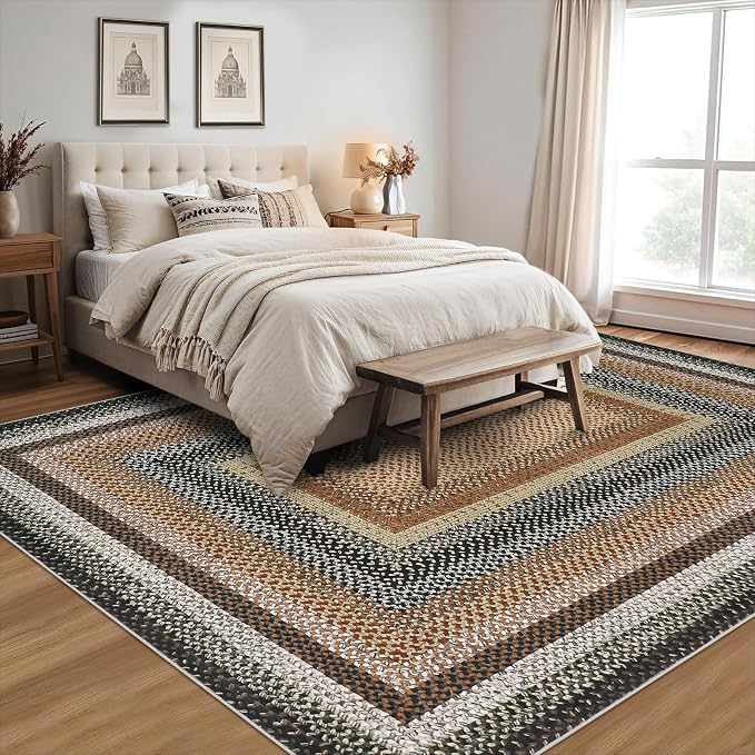 RUGSREAL 9x12 Braided Rug Washable Living Room Area Rug Modern Braid Printed Large Bedroom Carpet Dining Room Rug with Rubber Backing Farmhouse Accent Carpet for Home Decor Office, Sand/Bronze