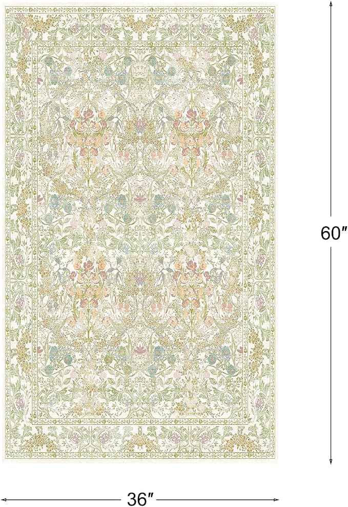 Boho Sage Green Bedside 3x5 Washable Rug for Bedroom, Thin Botanical Vintage Area Rug for Large Entry, Dorm, Kitchen, Foyer, Mudroom, Laundry - Cottage Core Low Pile Non Slip Indoor Front Door Carpet
