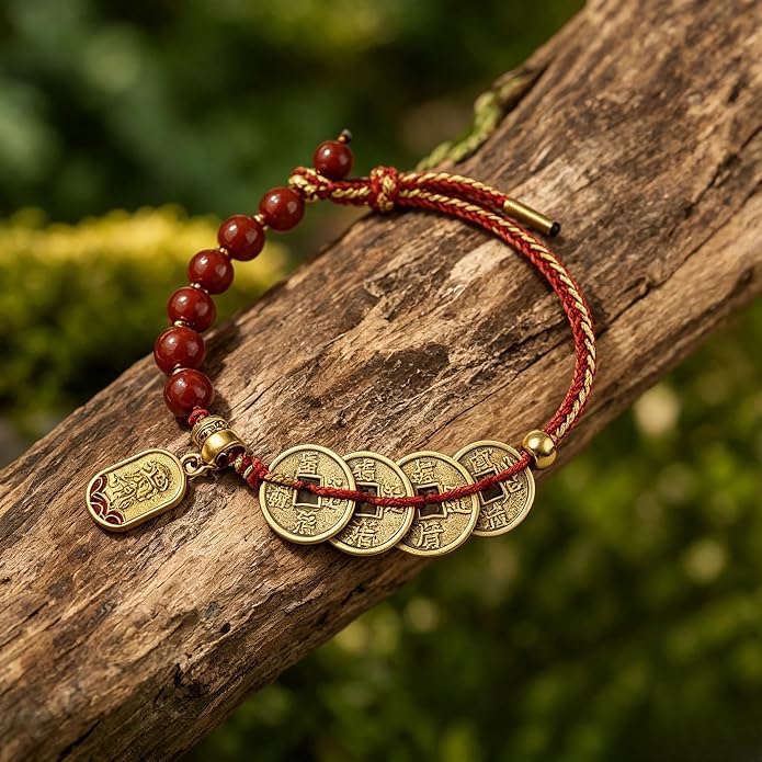Feng Shui Bracelet for Wealth and Success – Genuine Cinnabar Beads with Five Emperor Coins Amulet – Spiritual Protection & Good Luck Jewelry – Adjustable Health & Prosperity Charm for Men and Women