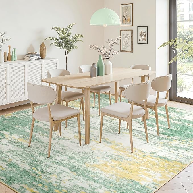 Lofus 9x12 Area Rug for Living Room,Abstract Large Rugs with Non-Slip Backing, Neutral Modern Washable Carpet for Bedroom Dining Room Home Office Nursery Indoor, Light Green/Yellow