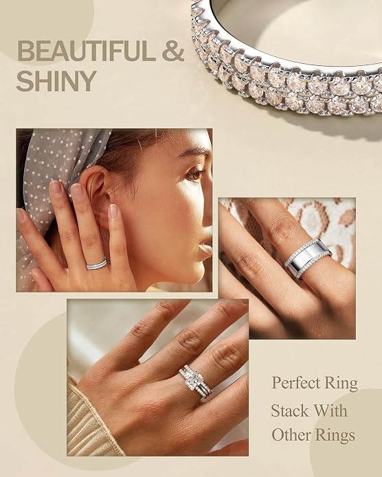 GEMQUEEN 2Pcs Moissanite Rings for Women : 18K White Gold Plated 925 Sterling Silver Engagement Ring Eternity Wedding Band Dainty Moissanite Stackable Jewelry Set D Color VVS1 Clarity Size 4-10