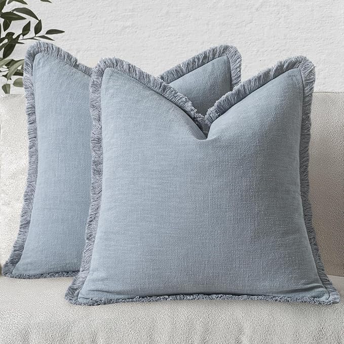 MIULEE Decorative Throw Pillow Covers Neutral Linen Fringe Throw Pillows Euro Shams Set of 2 Light Blue Boho Farmhouse Cushion Covers for Couch Sofa Bed Living Room Spring Home Decor 22x22 Inch