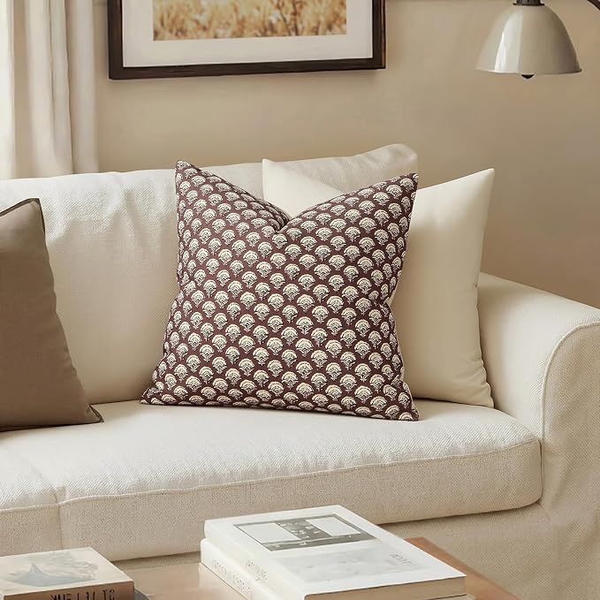 MIULEE Set of 2 Decorative Floral Pillow Covers Neutral Vintage Throw Pillows Block Print Boho Farmhouse Cushion Covers for Modern Spring Home Decor Couch Sofa Living Room, 20x20 Inch, Withered Rose